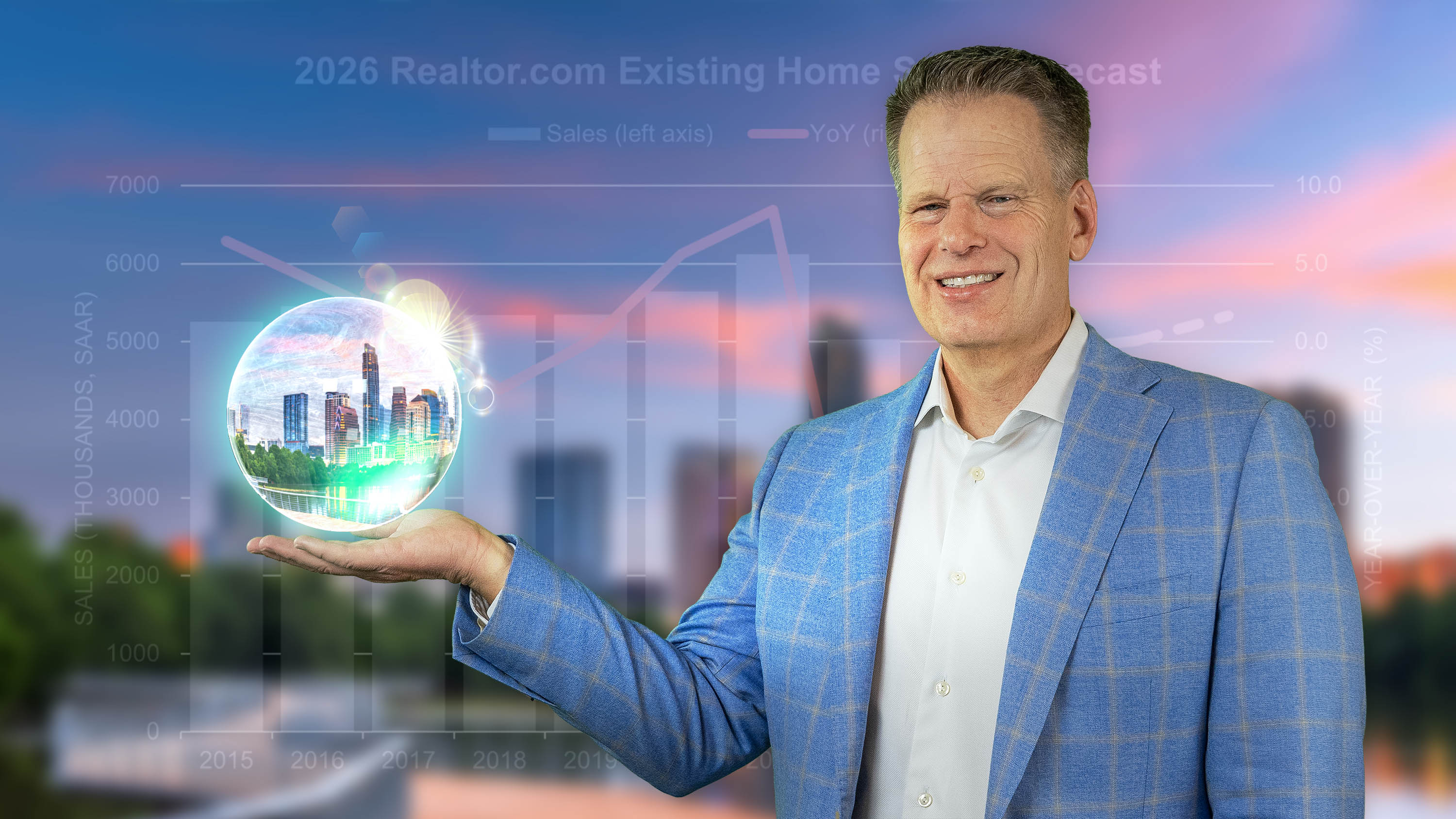 Eric holding up a crystal ball with a graph inside the orb.